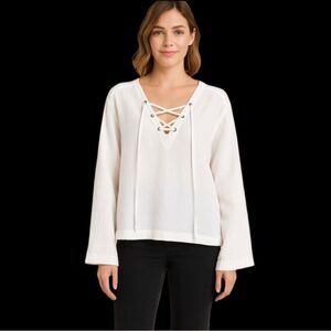 Cloth & Stone Womens Blouse L  White Cotton Top Lace Up Neck Long Sleeve wb